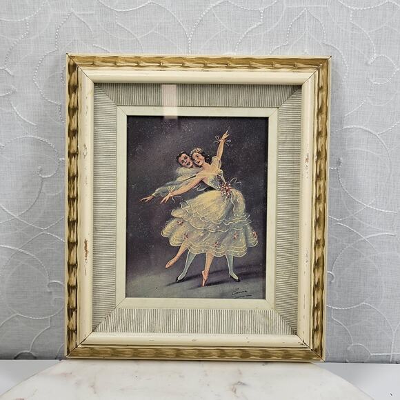 Vtg Carina Ballet Lithograph 11" Handmade Shadow Box Wood Frame Gold Accents MCM - Picture 1 of 16